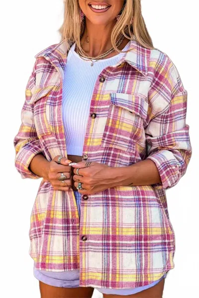 Shiying Fashion Plaid Print Rounded Hem Shirt Jacket In Red In Multi