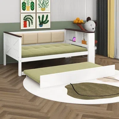 Shiying Full Size Wood Farmhouse Daybed With Storage Shelves, Day Bed Frame With Upholstered Backrest, Usb A In White