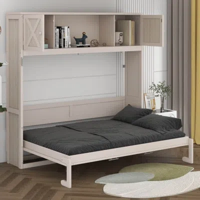 Shiying Queen Size Murphy Bed With Storage Cabinets, Foldable Bed Frame Cabinet With Shelves For Bedroom Gue In Beige