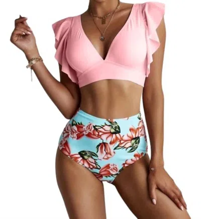 Shiying Ruffled Hem High Waist Bikini Swim Set In Pink In Multi