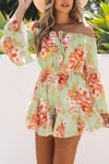 SHIYING SUMMER FLORAL BARDOT ROMPER IN PALE GREEN