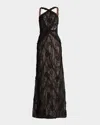 Sho By Tadashi Shoji Backless Ruffle-trim Lace Gown In Black/nude