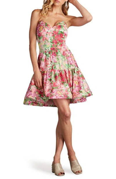 Sho By Tadashi Shoji Floral Print Ruffle Strapless Dress In Pink/floral