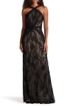 Sho By Tadashi Shoji Metallic Floral Cross Neck Gown In Black