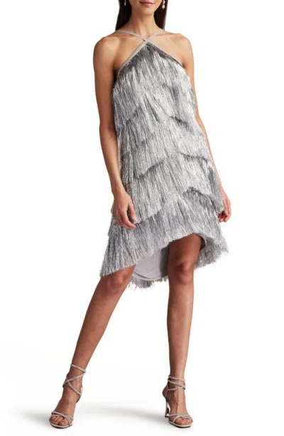 Sho By Tadashi Shoji Metallic Fringe Dress In Platinum