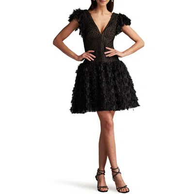 Sho By Tadashi Shoji Metallic Fringe Mixed Media Cocktail Dress In Black