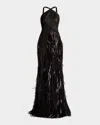 Sho By Tadashi Shoji Sequin Fringe Halter Gown In Black