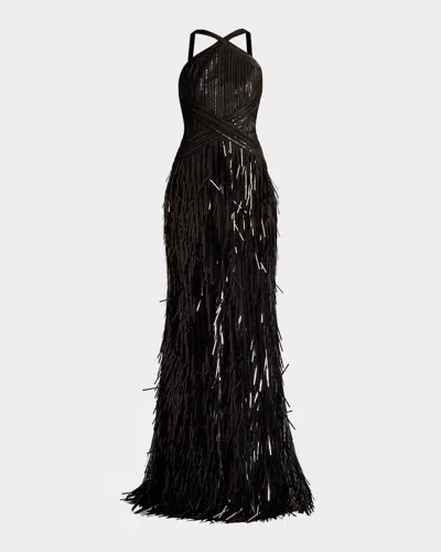 Sho By Tadashi Shoji Sequin Fringe Halter Gown In Black