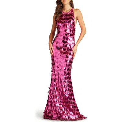 Sho By Tadashi Shoji Sequin Fringe Strappy Back Mermaid Gown In Wild Pink
