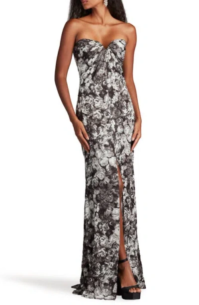 Sho By Tadashi Shoji Textured Floral Strapless Gown In Ivory Black/floral