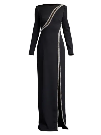 Sho By Tadashi Shoji Imitation Pearl & Crystal Detail Long Sleeve Sheath Gown In Black