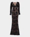 Sho Eyelash Floral Lace Column Gown In Black/nude