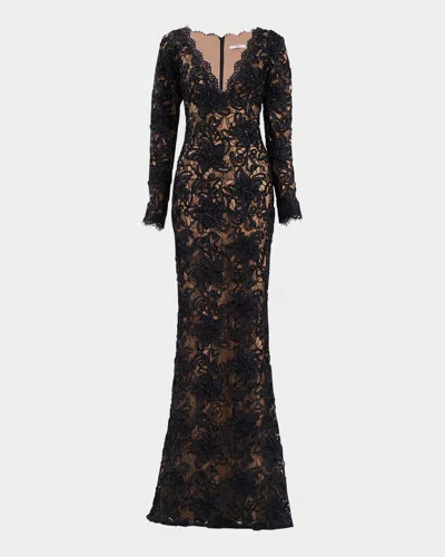 Sho Eyelash Floral Lace Column Gown In Black/nude