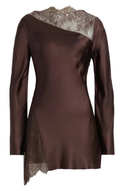 Shona Joy Allgra Asymmetric Lace Panel Charmeuse Minidress In Espresso