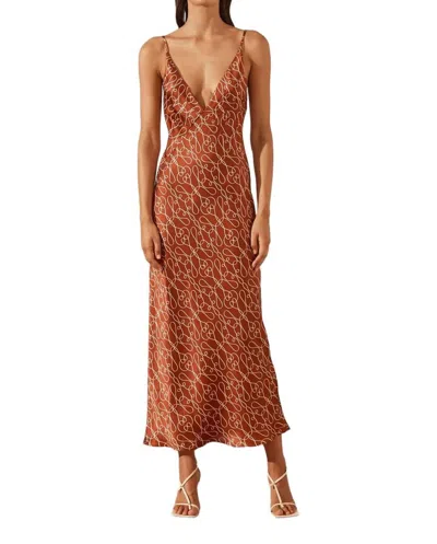 Shona Joy Artisti Silk Plunged Slip Midi Dress In Brick/ Cream In Multi