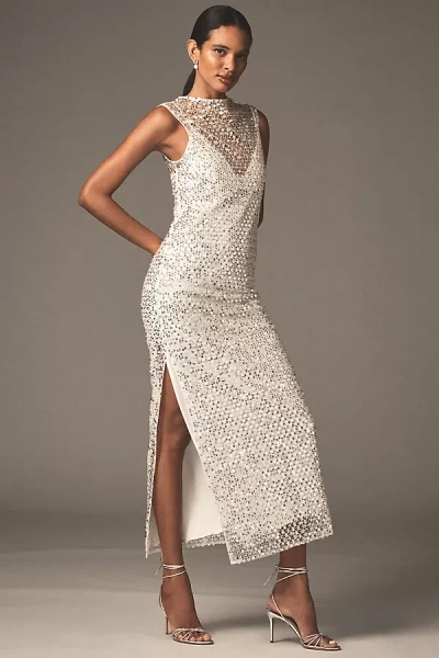Shona Joy Asteri Sleeveless High-neck Sequin & Beaded Maxi Dress In Silver