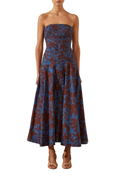 Shona Joy Catia Strapless Pleated Midi Dress In Strong Blue / Deep Wine In Multi