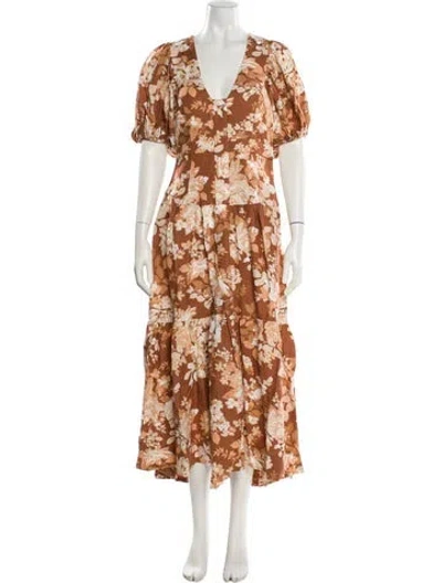 Pre-owned Shona Joy Floral Print Long Dress In Brown