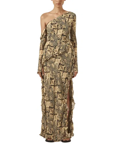 Shona Joy Hadiya Asymmetrical Long Sleeve Ruffle Maxi Dress In Brown