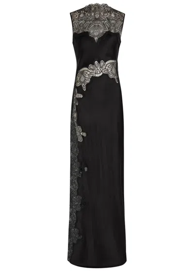 Shona Joy Jamila High-neck Lace Satin Maxi Dress In Black