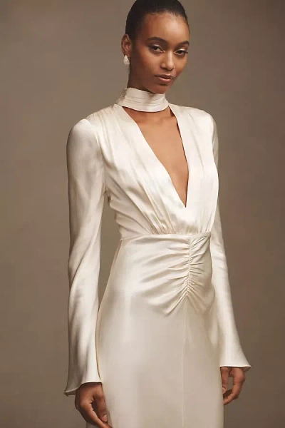 Shona Joy La Lune Long-sleeve Plunge V-neck Satin Maxi Dress In Beige
