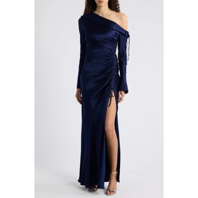 Shona Joy La Lune One-shoulder Long Sleeve Satin Gown In Blue