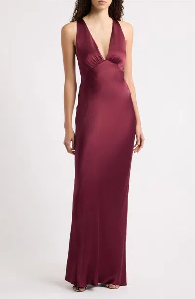 Shona Joy La Lune Plunge Neck Cross Back Satin Gown In Burgundy