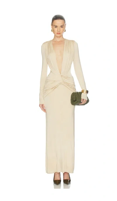 Shona Joy Miro Long Sleeve Plunged Maxi Dress In Neutral