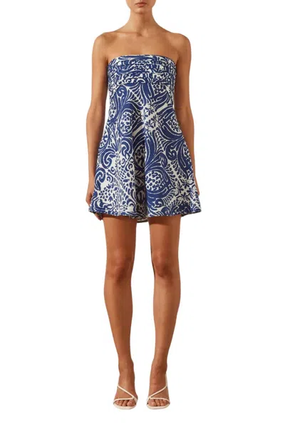 Shona Joy Pombeline Linen Strapless Corded Mini Dress In Ivory & Deep Blue In Multi