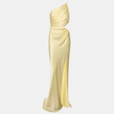Pre-owned Shona Joy Yellow Satin La Lune Asymmetrical Gathered Maxi Dress