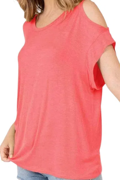 Shop Basic Cold Shoulder Rolled Short Sleeve Round Neck Top With Side Slits In Coral In Pink