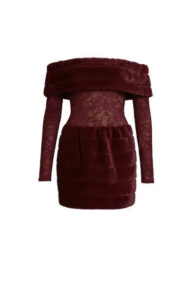 Shop Date Boutique Women's Red Off-shoulder Faux Fur Lace Mini Dress