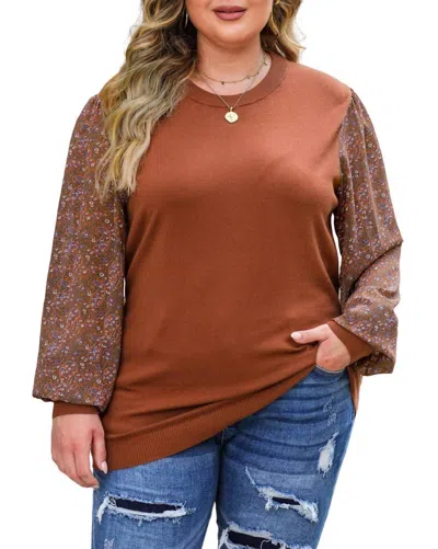 Shop Lala Loo Floral Paisley Sleeve Ribbed Trip Sweater - Plus In Brown
