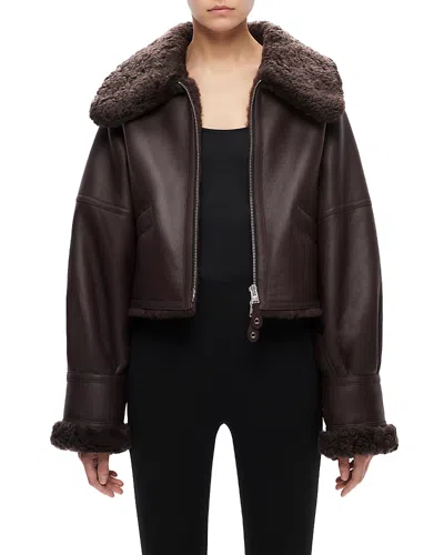 Shoreditch Ski Club Opal Leather Bomber Jacket In Conker Brown/burgundy