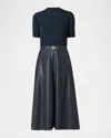 Shoshanna Angela Knit & Faux Leather Midi Dress In Blue