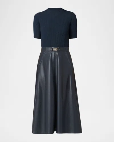 Shoshanna Angela Knit & Faux Leather Midi Dress In Blue