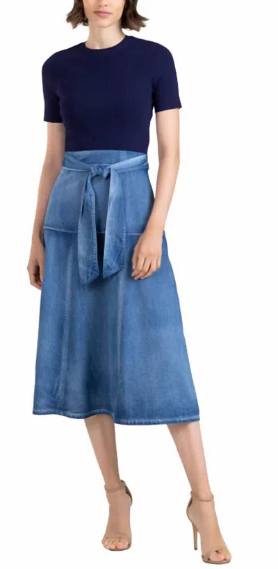 Shoshanna Ashton Short-sleeve Mixed Media Midi Dress In Blue