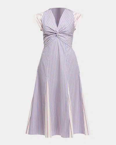 Shoshanna Avalynn V-neck Striped Midi Dress In French Blue Multi