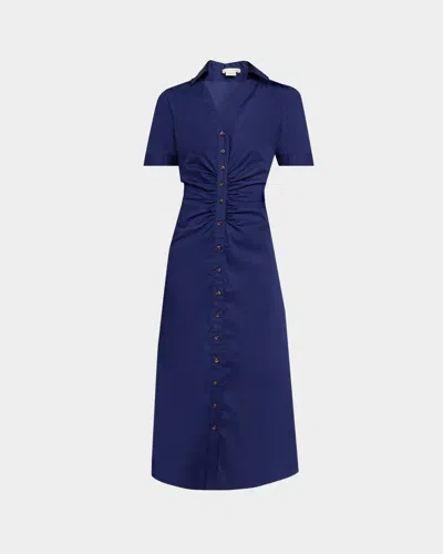 Shoshanna Barnet Ruched Stretch Cotton Midi Shirtdress In Blue