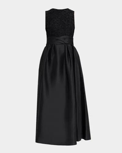 Shoshanna Beth Pleated Mikado & Mesh Maxi Dress In Black