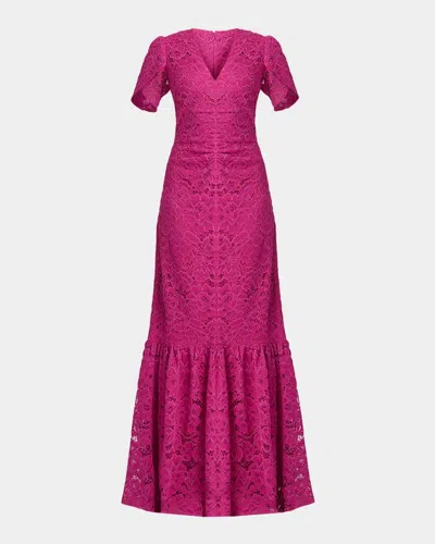 Shoshanna Bolton Tulip-sleeve Corded Lace Gown In Purple