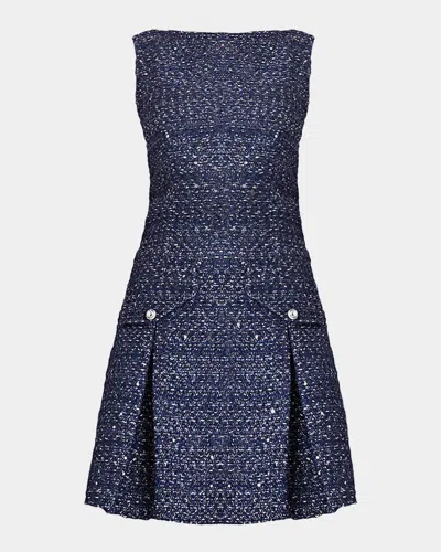 Shoshanna Bradford Pleated Shimmer Tweed Mini Dress In Blue