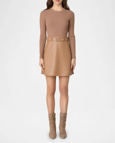 Shoshanna Brayden Ribbed Knit & Faux Leather Mini Dress In Camel