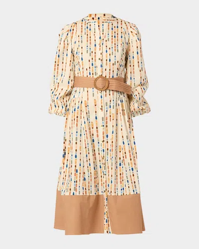 Shoshanna Bria Belted Brushstroke-print Cotton Midi Dress In Black