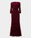 Shoshanna Brianna Floral Velvet Lace Column Gown In Burgundy