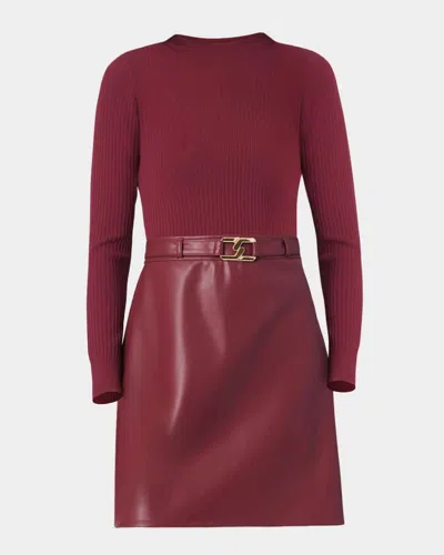 Shoshanna Buckle-embellished Mixed Media Mini Dress In Burgundy