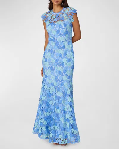 Shoshanna Cap-sleeve Floral Lace Trumpet Gown In Blue Turquoise Multi