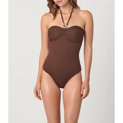 Shoshanna Checkered Texture Cinched One Piece In Brown