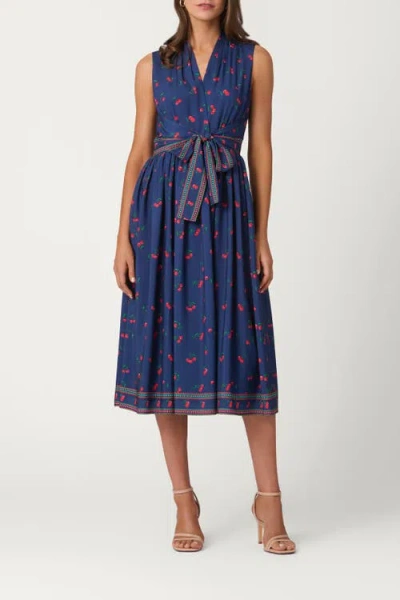 Shoshanna Cherry Border Print Crepe De Chine Thorton Dress In Blue