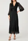 Shoshanna Clara Blouson-sleeve Metallic Empire Midi Dress In Black
